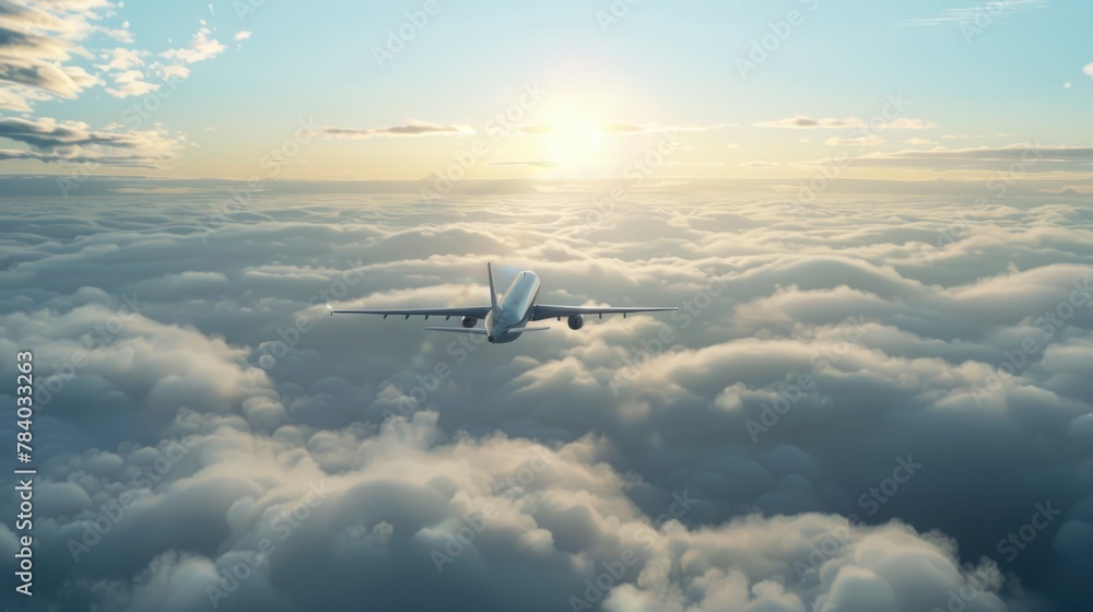 Poster an airplane soaring above fluffy clouds, ideal for travel and transportation concepts.
