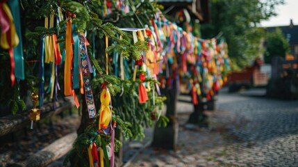 Colorful ribbons hanging from a tree, suitable for festive occasions