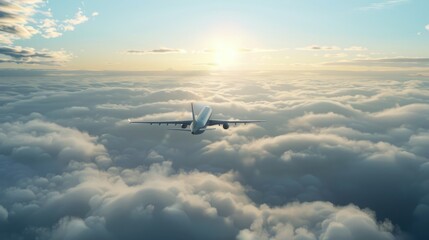 An airplane soaring above fluffy clouds, ideal for travel and transportation concepts. - obrazy, fototapety, plakaty