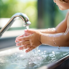 Child washing hands with soap, close-up, space for text