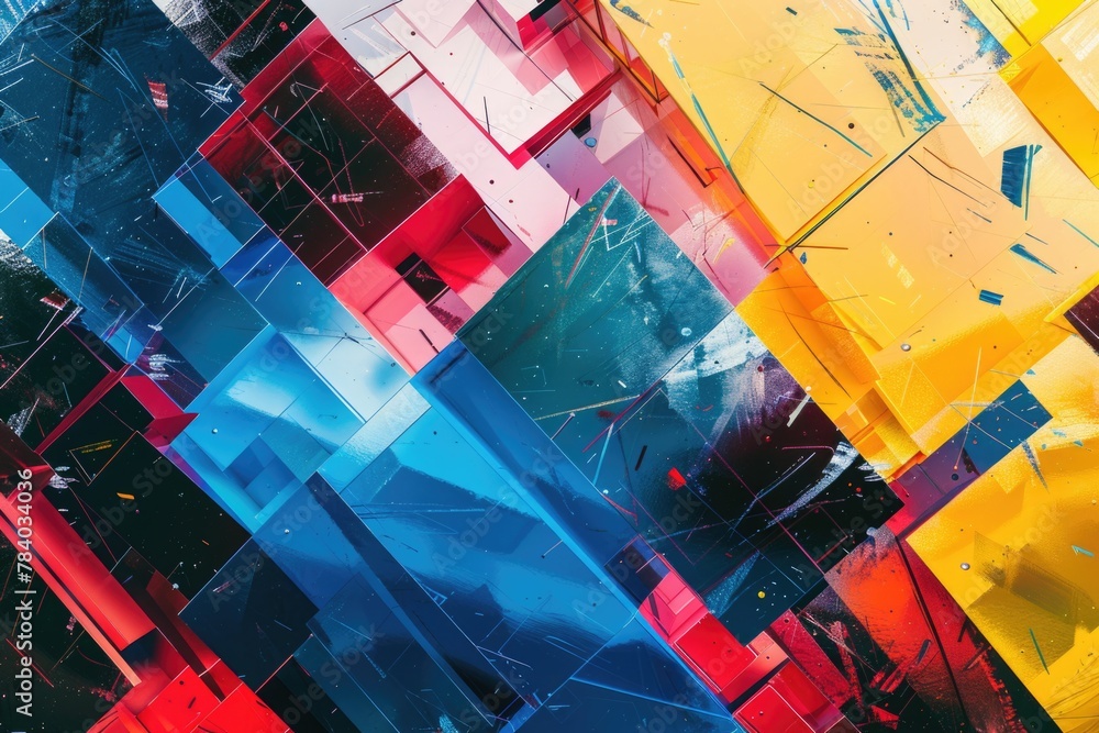 Poster A vibrant abstract painting featuring squares and rectangles. Perfect for adding a pop of color to any space