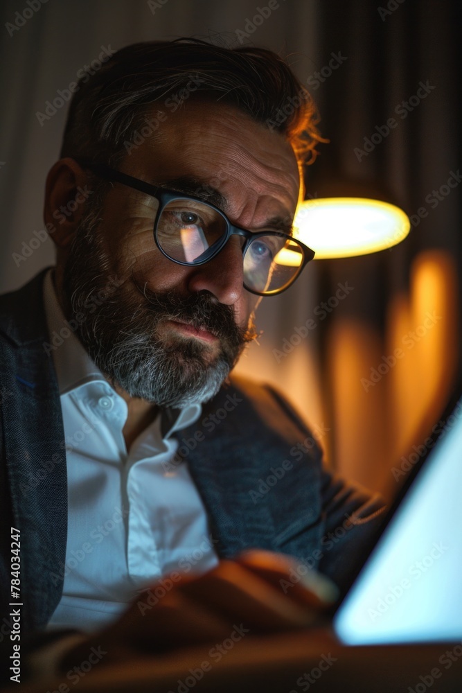 Aufkleber A man with glasses and a beard using a laptop. Ideal for technology and business concepts