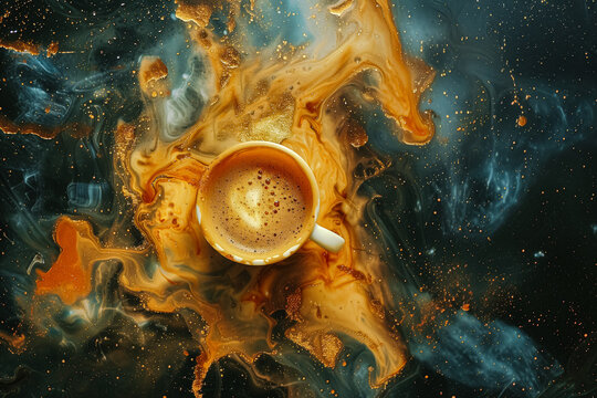 A cup of coffee is floating in the space with a splash of colours around it