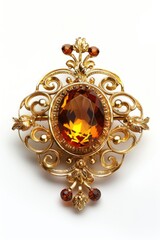 Elegant golden brooch with faceted orange stone, perfect for fashion or jewelry design projects - obrazy, fototapety, plakaty
