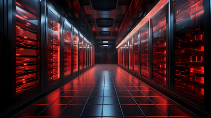 Computer server room background, network server database center scene - obrazy, fototapety, plakaty
