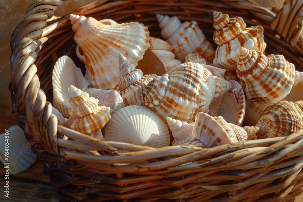 Poster Various types of shells collected in a basket, suitable for beach-themed designs