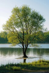 A single tree standing in the middle of a tranquil lake. Suitable for nature and landscape themes
