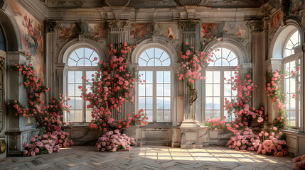 Fototapeta na wymiar Luxury Palace hall Interior with big windows and walls decorated with frescoes and murals pink roses and flowers compositions. Wedding background. Classic castle interior