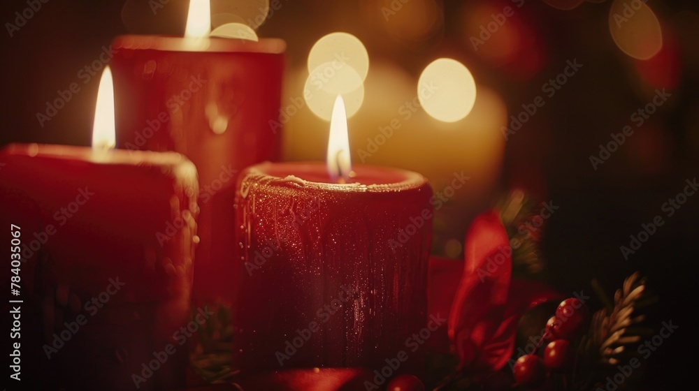 Poster Close up of three candles with lights, perfect for adding warmth to any design