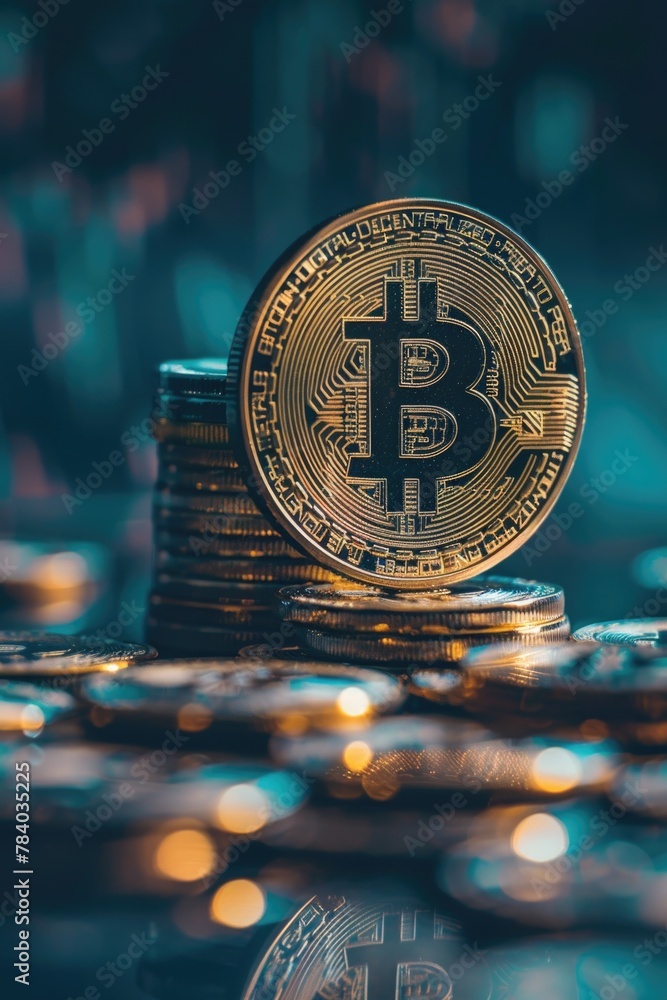 Poster a bitcoin sitting on top of a pile of coins. perfect for financial concepts