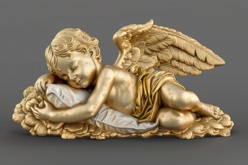 A gold statue of an angel sleeping on a pillow. Suitable for religious or spiritual concepts