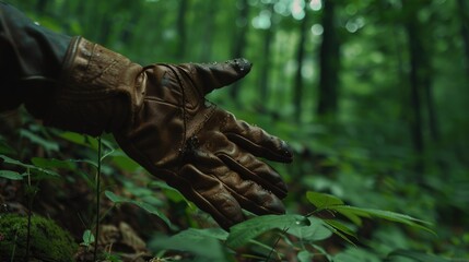 A person's hand reaching for a leaf in the woods. Suitable for nature and environmental themes - obrazy, fototapety, plakaty