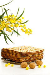 Matzah, Acacia dealbata flowers, walnuts and other attributes of the Jewish holiday Pesach (Passover) on white background.