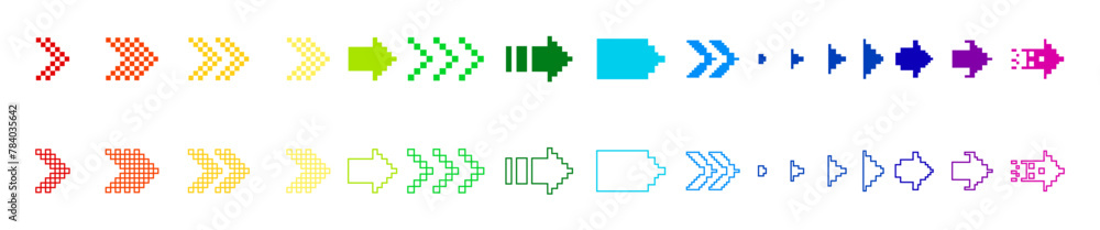 Poster image of pixel arrows. 8-bit rainbow pixel arrows on a white background. abstract rainbow arrow in p