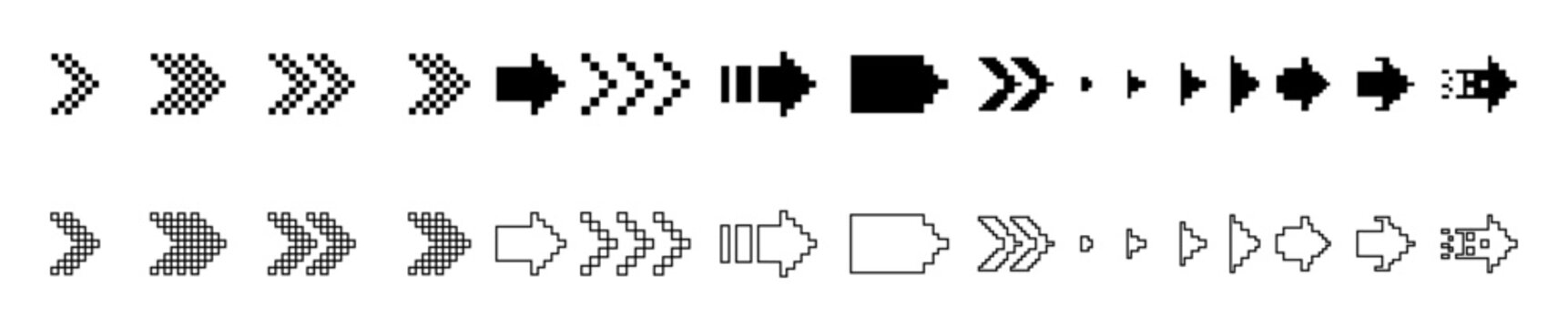 Image of pixel arrows. 8-bit black pixel arrows on a white background. abstract arrow in pixel art. Eps 10