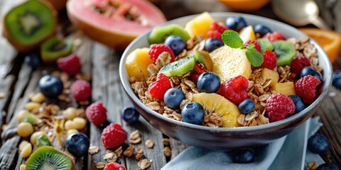 A healthy breakfast option with colorful fruit and crunchy nuts. Perfect for food and nutrition...
