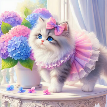 かわいいラグドールの猫がピンクドレスを着てアジサイとシャビーシックなテーブルを背景としたカラフルなイラスト