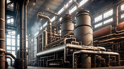 Industrial boiler room in a large industrial building, - obrazy, fototapety, plakaty