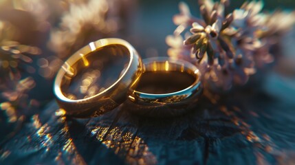 Two wedding rings on a rustic wooden table, perfect for wedding invitations or jewelry ads