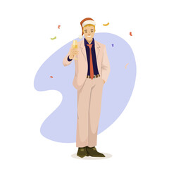 A man in a blazer and santa hat makes a festive gesture while holding a glass of champagne. His happy expression channels the spirit of the event. Vector illustration