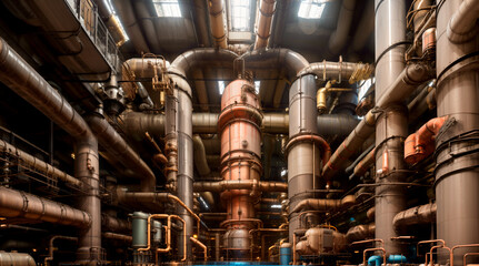 Industrial boiler room in a large industrial building,