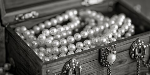 A wooden chest overflowing with lustrous pearls. Ideal for luxury, wealth, or treasure concepts
