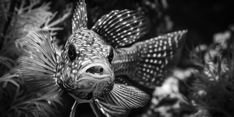 Black and white photo of a fish. Suitable for aquatic themes