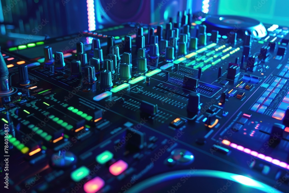 Poster close up of a dj's controller in a room. perfect for music and entertainment concepts