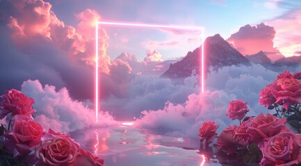 Neon Romance: Roses and Clouds at Twilight