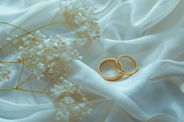 Elegant gold wedding rings displayed on a white cloth. Perfect for wedding and jewelry concepts