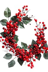 A festive wreath made of red berries and green leaves. Perfect for holiday decorations