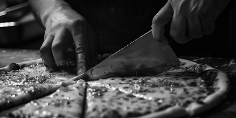 A person slicing a pizza with a knife. Ideal for food and cooking concepts