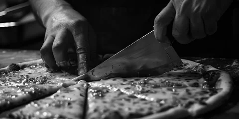 Foto op Plexiglas A person slicing a pizza with a knife. Ideal for food and cooking concepts © Fotograf