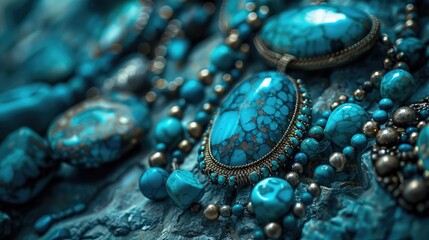 Close up of a necklace with beautiful turquoise stones, perfect for jewelry and fashion related...