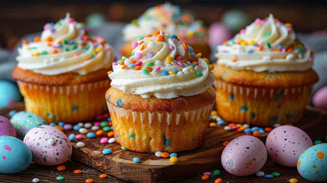  A collection of cupcakes, each topped with white frosting and colorful sprinkles, arranged on a weathered wooden board Easter eggs surround the cupcakes