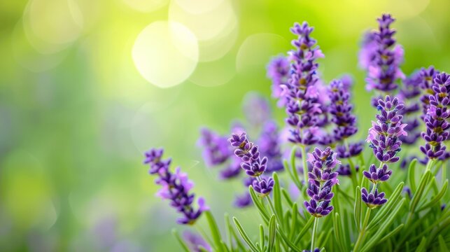 Close up Lavandula angustifolia, Levander floral pattern, bunch of flowers in bloom, purple lilac scented flowering plant on green bokeh background, selective focus 