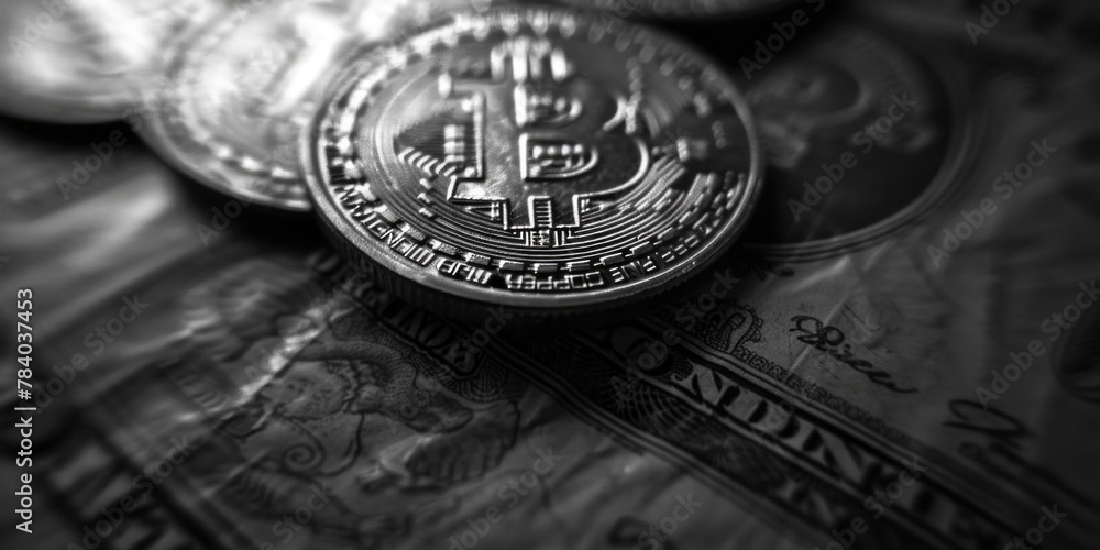 Poster a bitcoin sitting on top of a pile of money. suitable for finance and cryptocurrency concepts