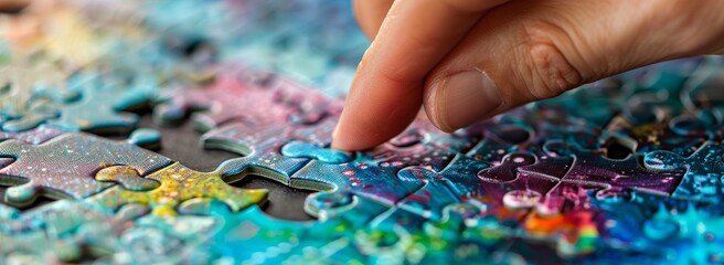 Fototapeta na wymiar Final Piece - Hand Completing Jigsaw Puzzle