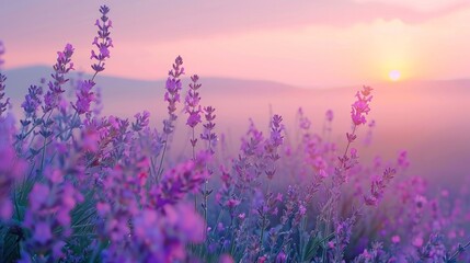 Colorful flowering lavandula or lavender field in the dawn light. A light morning mist at the background.  - obrazy, fototapety, plakaty