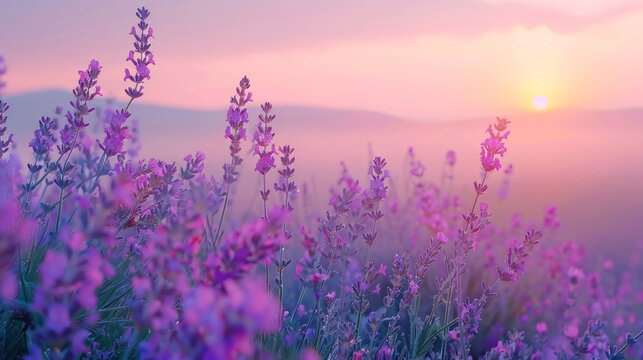 Colorful flowering lavandula or lavender field in the dawn light. A light morning mist at the background. 