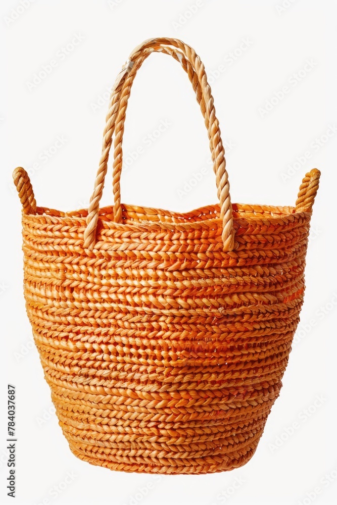 Poster a simple orange basket with a rope handle on a white background. perfect for home organization proje