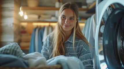 Laundry Day Smiles, happy young woman engaged in laundry duties, her joy making the mundane task seem delightful, captured in a cozy domestic setting