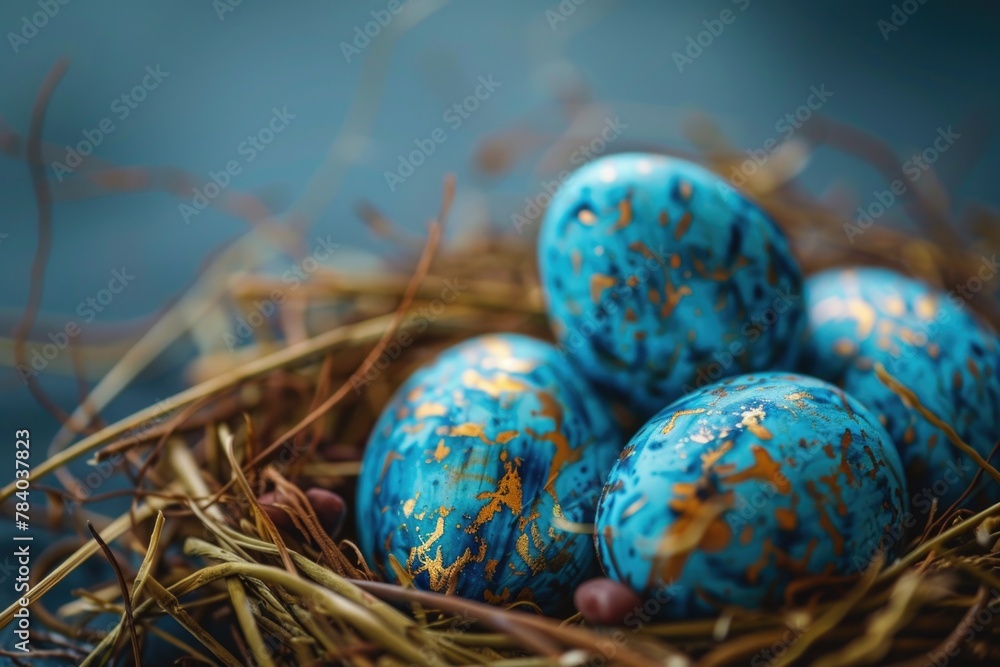 Poster four blue eggs in a nest on a table. suitable for easter or farm themes