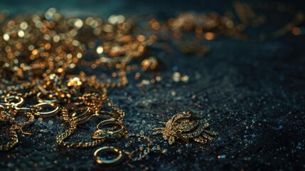 A pile of gold jewelry on a black surface. Perfect for luxury, fashion, or wealth concepts