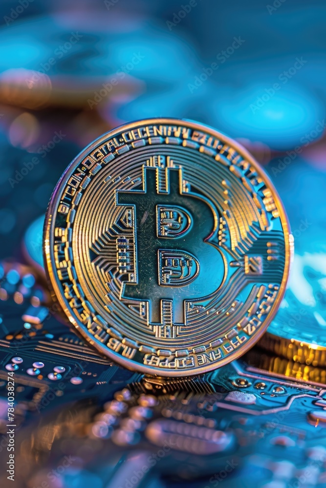 Poster a bitcoin sitting on top of a pile of coins. suitable for financial concepts