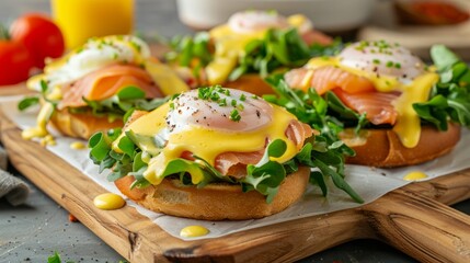 Eggs Benedict on english muffin with smoked salmon, lettuce salad mix and hollandaise sauce on white board 