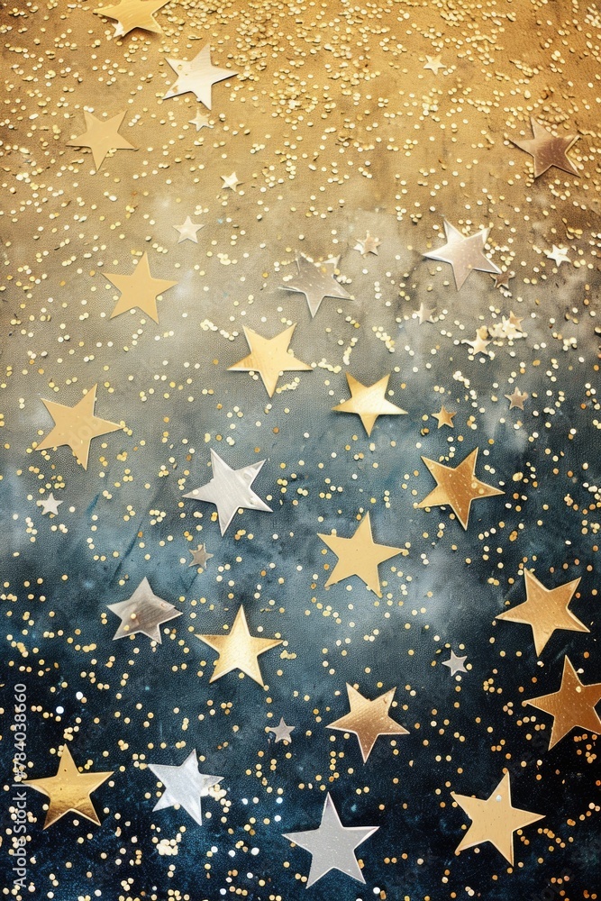 Poster a beautiful gold and blue background with shining gold stars. perfect for adding a touch of elegance