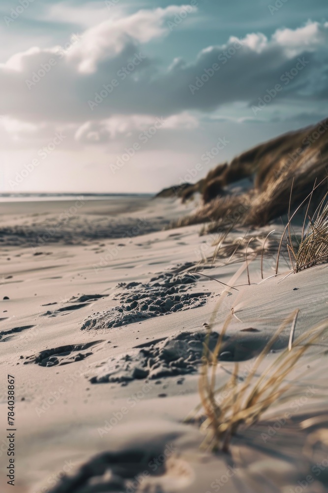 Poster a scenic view of a beach with sand and grass in the foreground. suitable for travel and nature conce