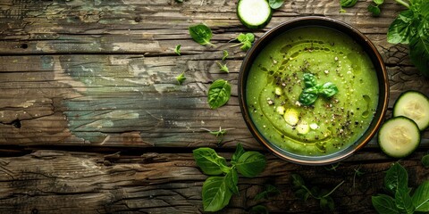 Fresh and healthy green soup with cucumbers and herbs, perfect for culinary or food-related projects - obrazy, fototapety, plakaty