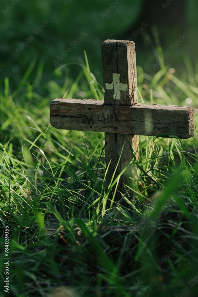 Poster a wooden cross placed in a field of grass. suitable for religious or memorial concepts